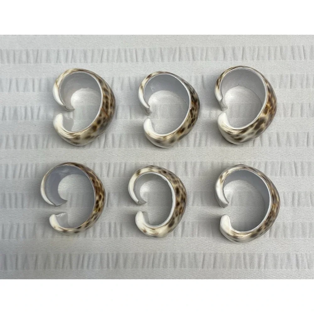 Vintage Seashell Napkin Rings Tiger Cowrie Set Of 6 Brown Golden Off White